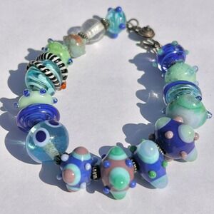 Lampwork Art Glass Bead Bracelet Blue Handcrafted Murano Style Ocean Beachy